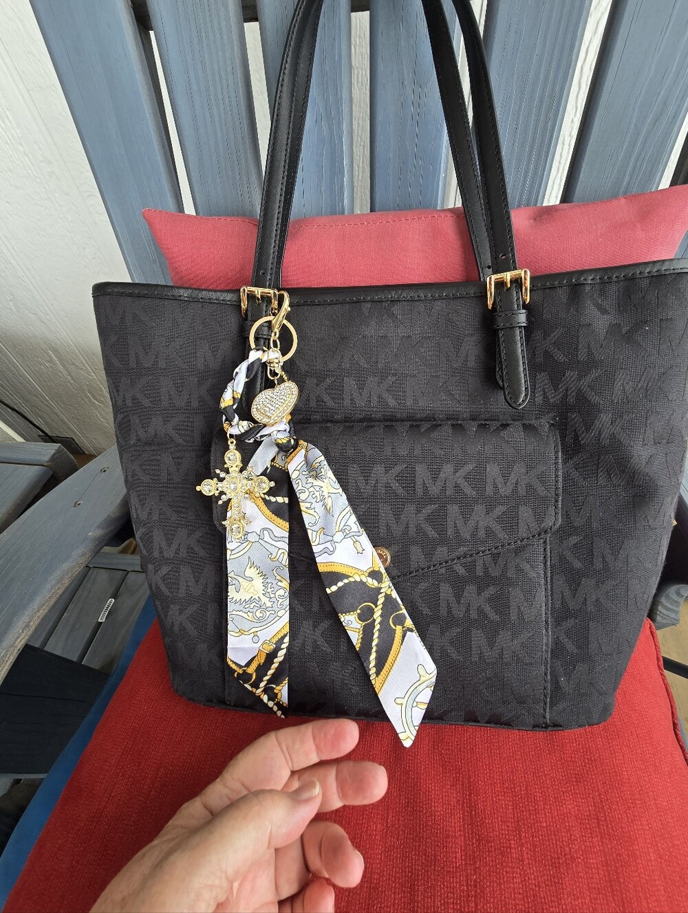 Michael Kors EUC Black Denim Tote with Front Pocket 14.5x11x5.75 w/Bag Charm